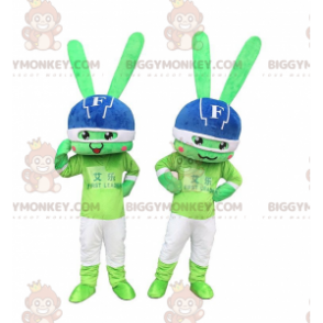 2 green bunny mascot BIGGYMONKEY™s, colorful bunny costumes –