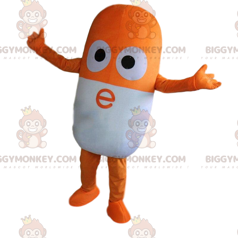 Orange og hvid pille BIGGYMONKEY™ maskot kostume, kæmpe medicin