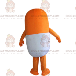 Orange og hvid pille BIGGYMONKEY™ maskot kostume, kæmpe medicin