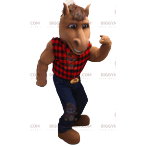 Brun häst BIGGYMONKEY™ maskotdräkt med rutig skjorta och jeans