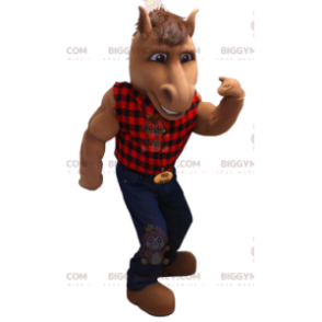 Brun häst BIGGYMONKEY™ maskotdräkt med rutig skjorta och jeans