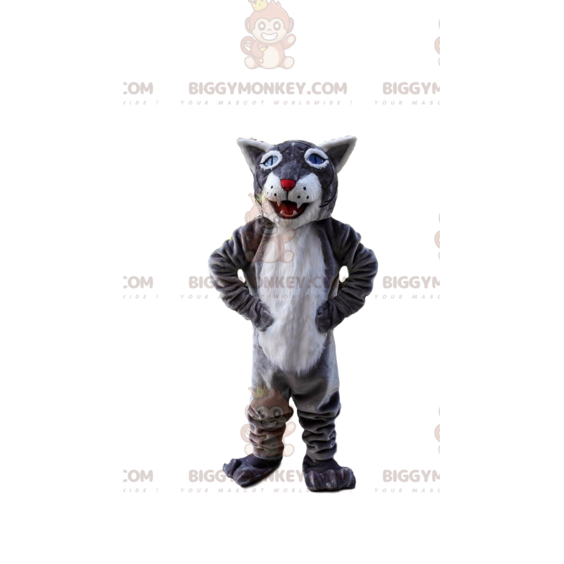 BIGGYMONKEY™ maskotdräkt grå och vit tiger, jätte kattdräkt -