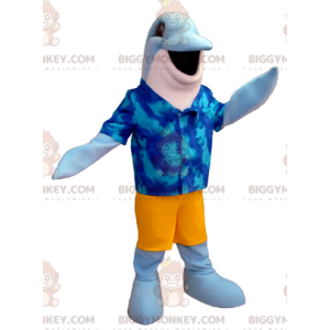 Blauw-witte dolfijn BIGGYMONKEY™ mascottekostuum met Hawaiiaans