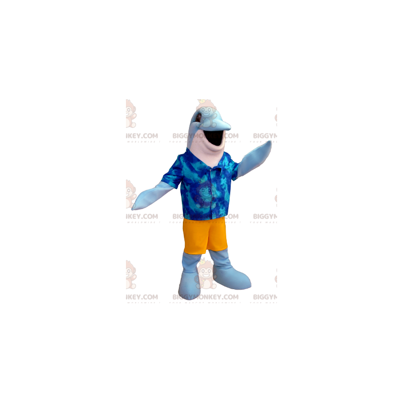 Blauw-witte dolfijn BIGGYMONKEY™ mascottekostuum met Hawaiiaans