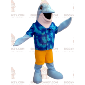 Blå och vit delfin BIGGYMONKEY™ maskotdräkt med hawaiisk