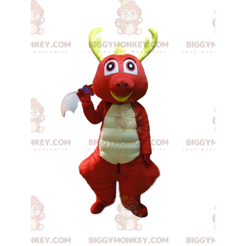 BIGGYMONKEY™ Costume da mascotte Drago rosso e bianco con corna