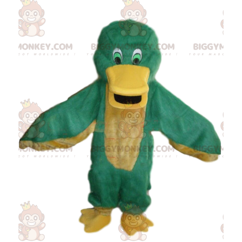 BIGGYMONKEY™ mascottekostuum groene en gele eend, kleurrijk