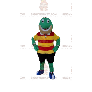 BIGGYMONKEY™ vihreä sammakon maskottiasu värikkäillä vaatteilla