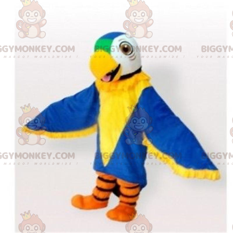 Kostým maskota modrého, žlutého, zeleného a bílého papouška