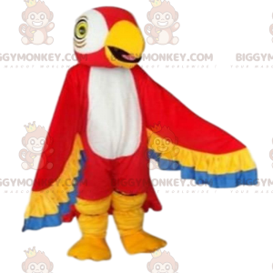 Röd, gul, blå och vit papegoja BIGGYMONKEY™ maskotdräkt -