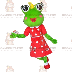 Στολή μασκότ Green Frog BIGGYMONKEY™ με κορώνα και φόρεμα πουά