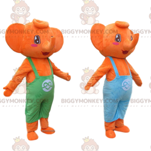 2 BIGGYMONKEY's mascotte oranje olifanten gekleed in kleurrijke