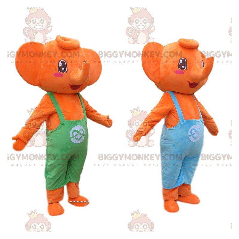 2 BIGGYMONKEY's mascotte oranje olifanten gekleed in kleurrijke