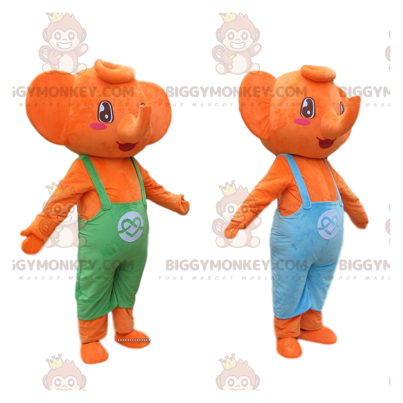 Duo de mascottes BIGGYMONKEY™ d'éléphants orange habillés de