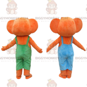 2 elefantes naranjas mascota de BIGGYMONKEY™ vestidos con monos