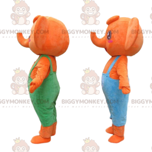 2 elefantes naranjas mascota de BIGGYMONKEY™ vestidos con monos