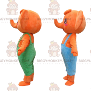 2 BIGGYMONKEY's mascotte oranje olifanten gekleed in kleurrijke