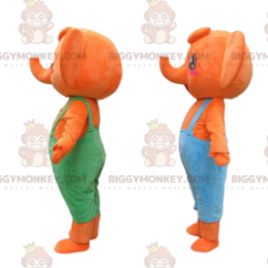 Duo de mascottes BIGGYMONKEY™ d'éléphants orange habillés de