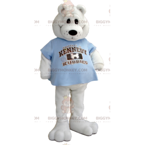 Polar bear BIGGYMONKEY™ mascot costume with blue t-shirt -