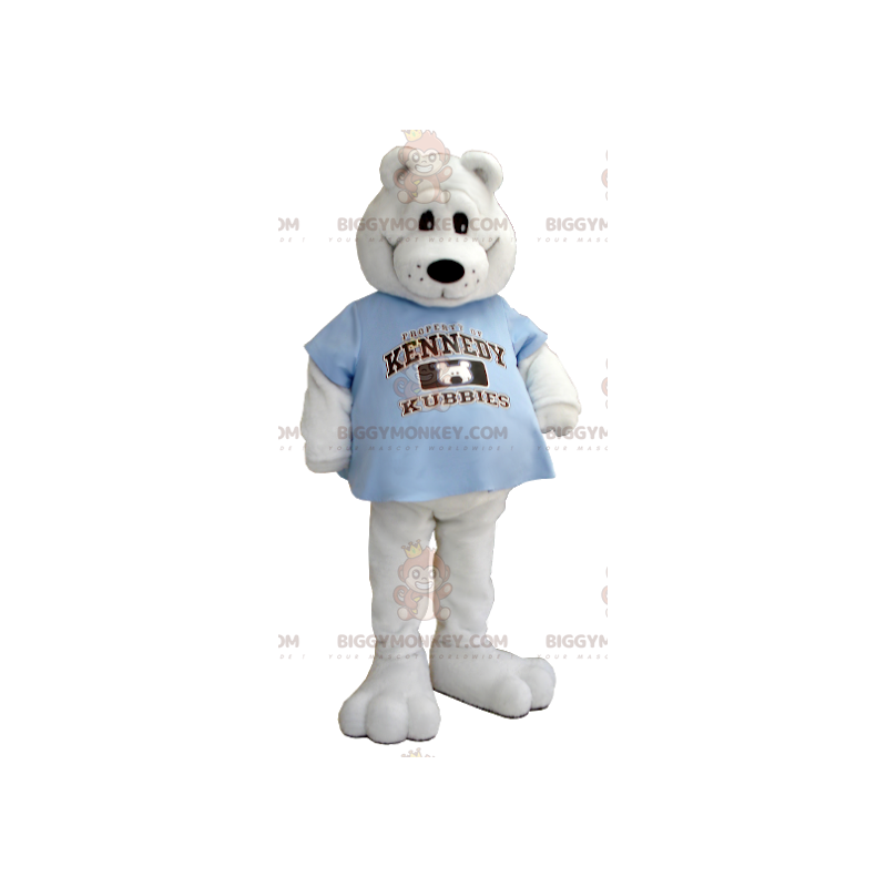 Polar bear BIGGYMONKEY™ mascot costume with blue t-shirt –