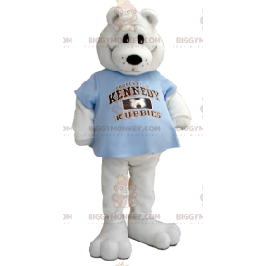 Polar bear BIGGYMONKEY™ mascot costume with blue t-shirt -