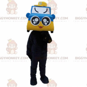 Blauwe en gele auto BIGGYMONKEY™ mascottekostuum, autokostuum -