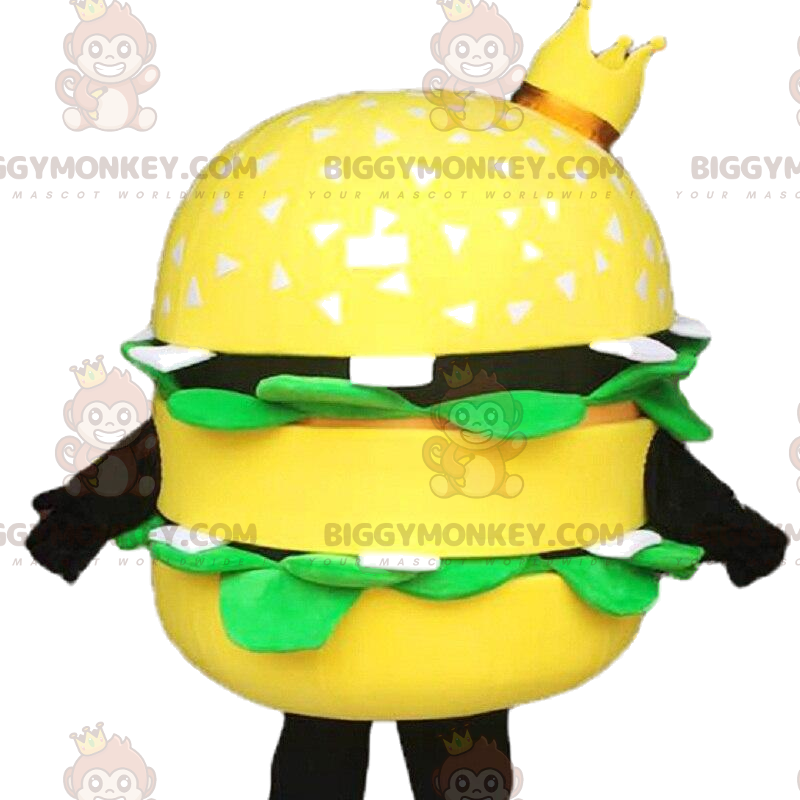 Giant Yellow Burger BIGGYMONKEY™ maskotdräkt, med krona -