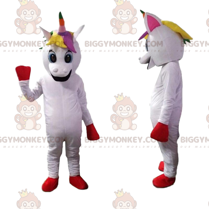 Traje de mascote de unicórnio branco BIGGYMONKEY™ com juba