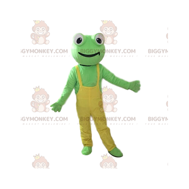 BIGGYMONKEY™ Green Frog Maskottchenkostüm mit gelben Overalls -