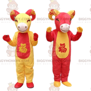 2 BIGGYMONKEY™s mascot red and yellow goats, goat costumes –