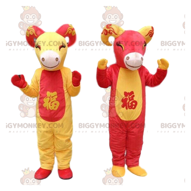 2 BIGGYMONKEY™s mascot red and yellow goats, goat costumes –