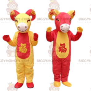 2 BIGGYMONKEY™s mascot red and yellow goats, goat costumes –