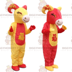 2 BIGGYMONKEY™s mascot red and yellow goats, goat costumes –