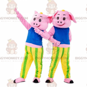 2 růžová prasátka s maskotem BIGGYMONKEY™, barevné kostýmy