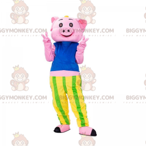 Rosa gris BIGGYMONKEY™ maskotdräkt med randig t-shirt och byxor