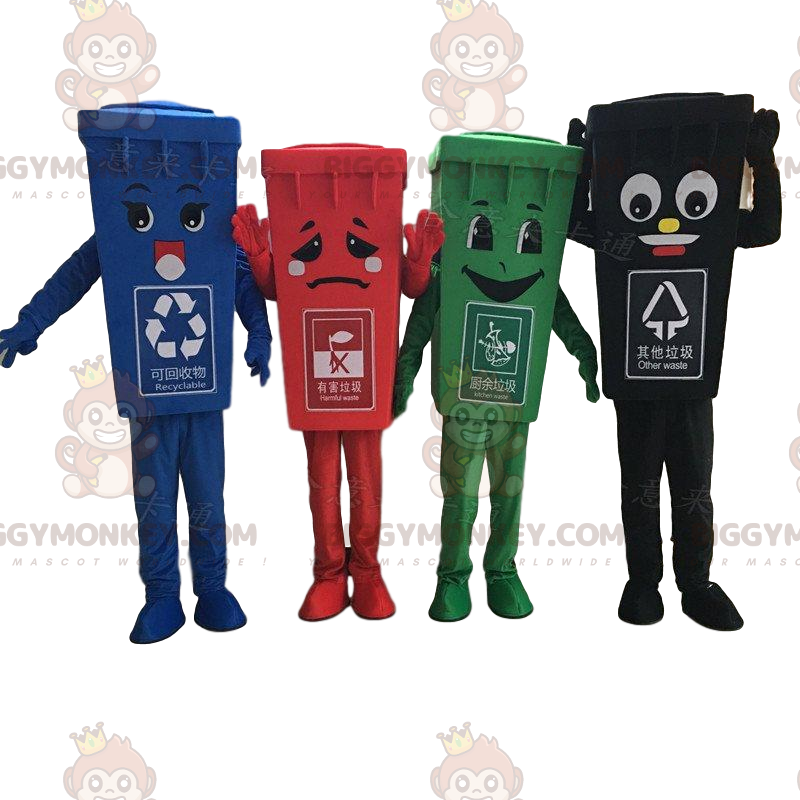 4 BIGGYMONKEY™s maskot färgglada soptunnor, soptunna kostymer -
