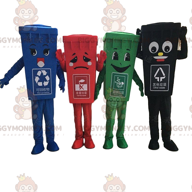 4 mascottes BIGGYMONKEY™ de bennes à ordures colorées, costumes