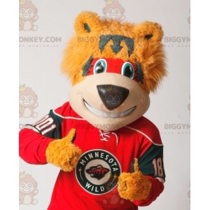 Disfraz de mascota BIGGYMONKEY™ de oso naranja, rojo y gris -