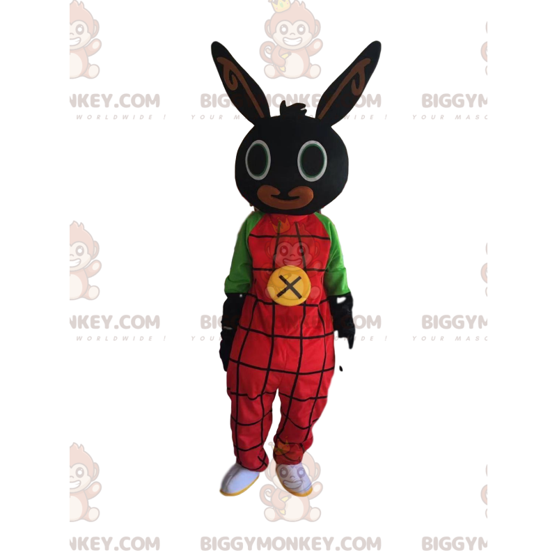 BIGGYMONKEY™ maskotdräkt av svart kanin med röd overall