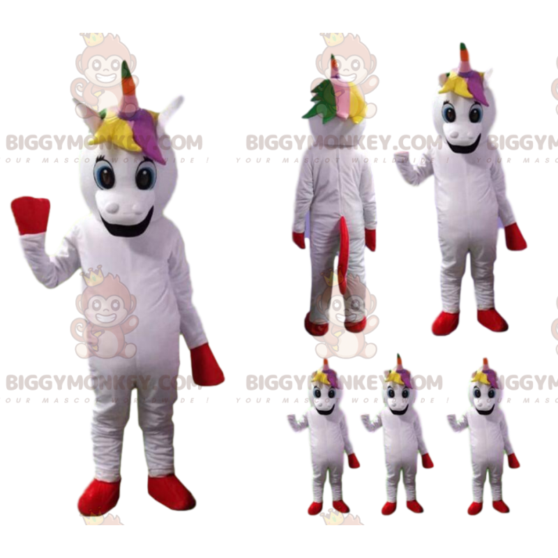 Traje de mascote de unicórnio branco BIGGYMONKEY™ com juba de