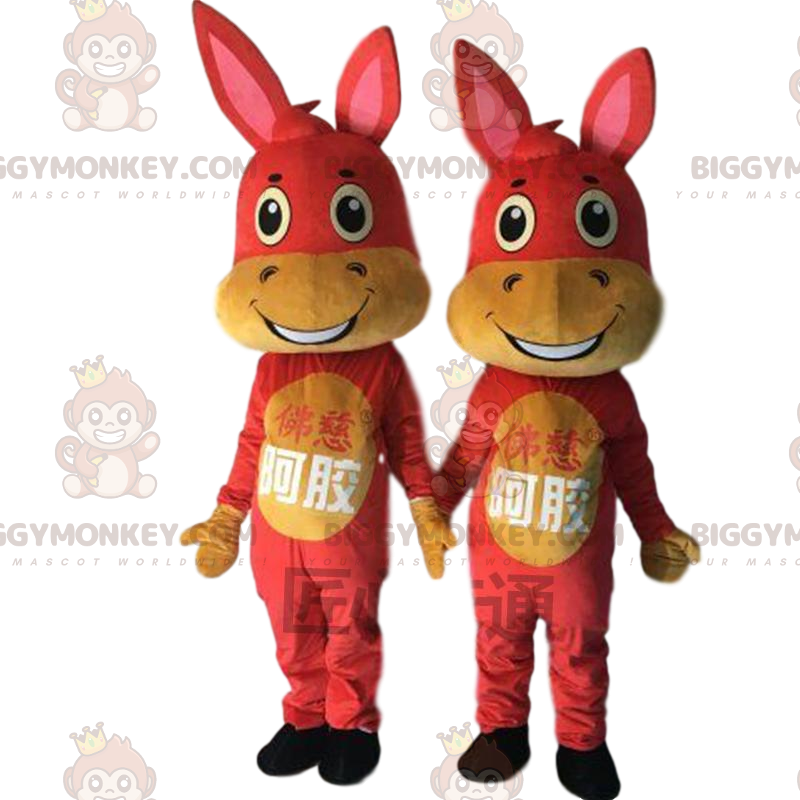 2 mascotte BIGGYMONKEY™ d'ânes rouges et jaunes, costumes de