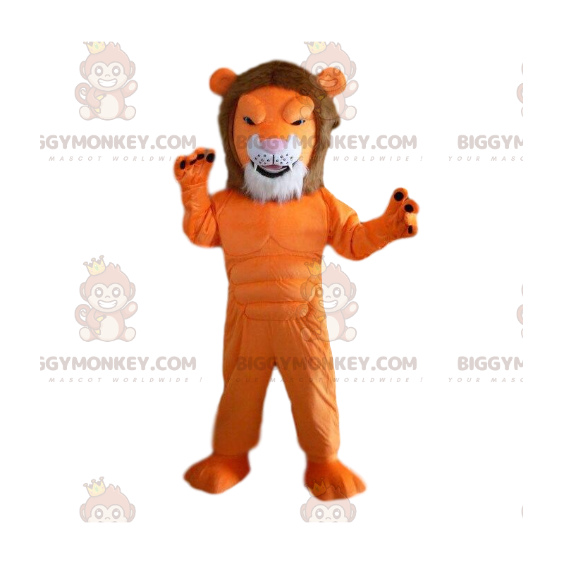 Costume de mascotte BIGGYMONKEY™ de lion orange, très musclé