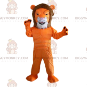 Costume de mascotte BIGGYMONKEY™ de lion orange, très musclé