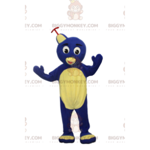 BIGGYMONKEY™ maskotdräkt av gul och blå fågel med hatt