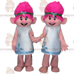 Maskot 2 trollů BIGGYMONKEY™s s růžovými vlasy, kostýmy trollů