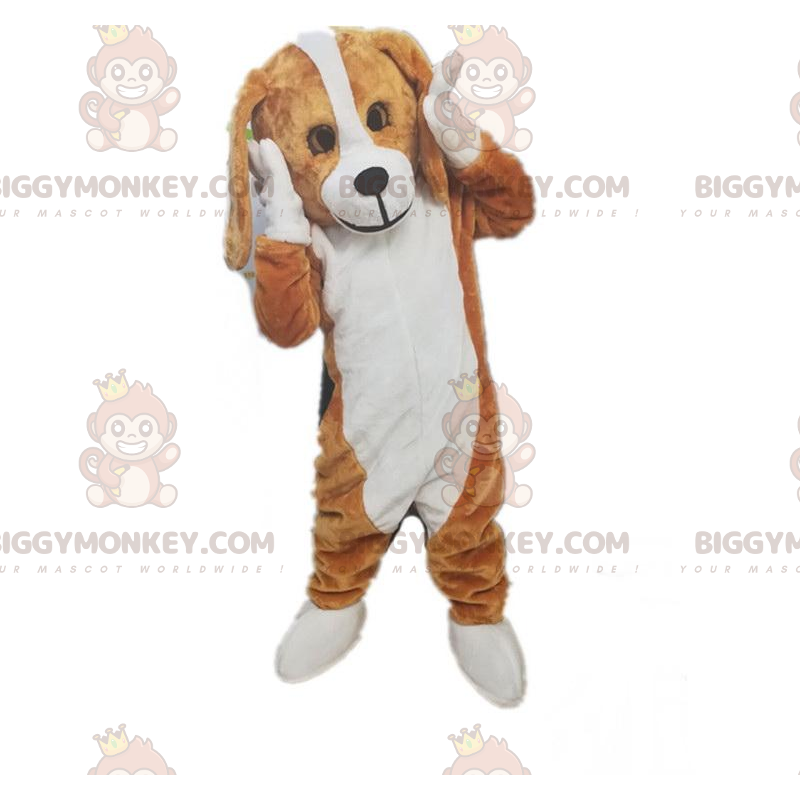 Braun-weißer Hund BIGGYMONKEY™ Maskottchen-Kostüm, zweifarbiges