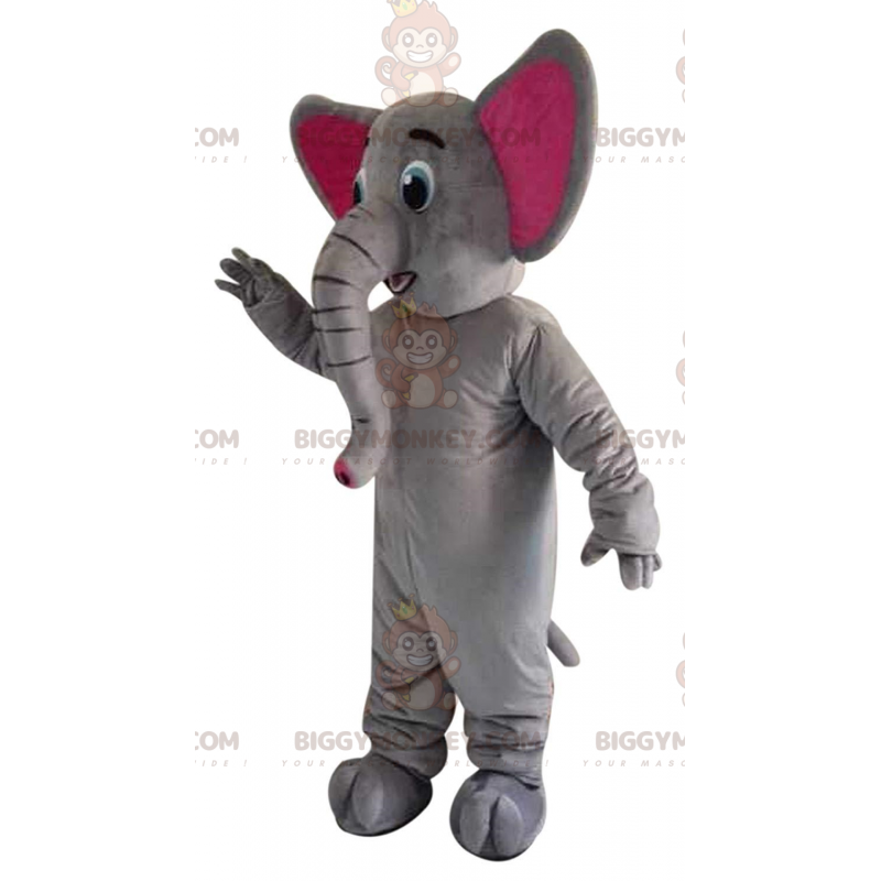 Traje de mascote BIGGYMONKEY™ cinza e elefante rosa com grande