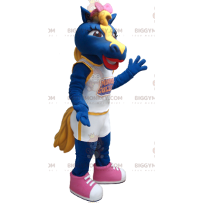 Traje de mascote de cavalo azul e amarelo BIGGYMONKEY™ –