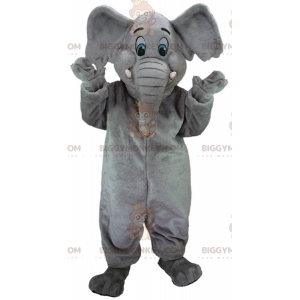 Traje de mascote BIGGYMONKEY™ elefante cinza com olhos azuis