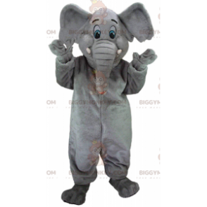 Traje de mascote BIGGYMONKEY™ elefante cinza com olhos azuis